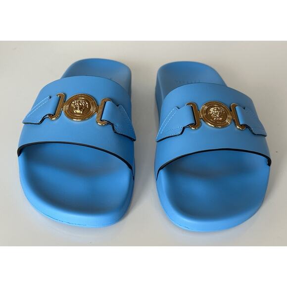 NIB $575 Versace Gold Medusa Leather/Rubber Sandals Blue 8.5 (41.5) 1004983 IT main image 8